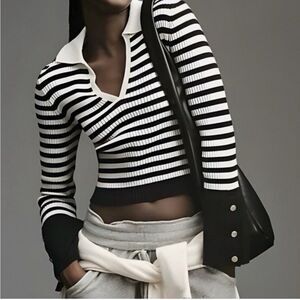 Anthropologie Maeve Sweater M Bell Sleeve Ribbed Knit Polo Black V Neck Preppy